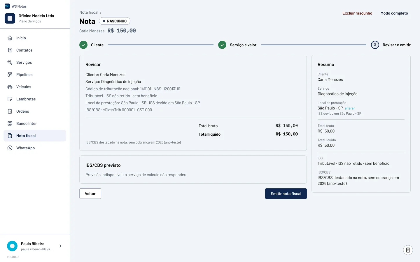 Tela do WS Notas no passo Revisar e emitir de uma nota: cliente, serviço, código de tributação nacional, local da prestação e o resumo com subtotal e líquido.