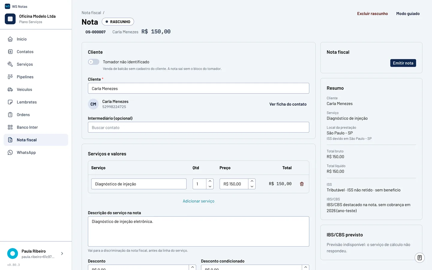 Modo completo de uma nota: cartões Cliente, com tomador e intermediário, e Serviços e valores, com a descrição do serviço na nota; na lateral, o botão Emitir nota e o resumo.